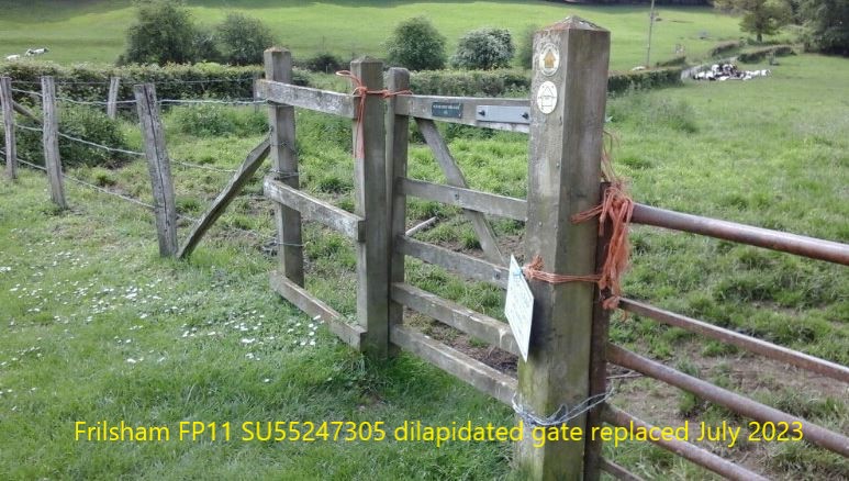 Frilsham FP11 SU55247305 dilapidated gate replaced July 2023
